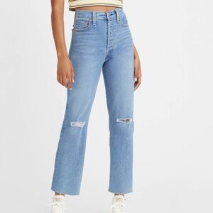 Levi's Ribcage Straight Ankle Crop Destroyed Jeans 30 Denim Frayed Hem